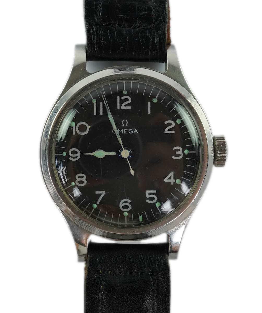 A gentleman's stainless steel Omega R.A.F. 6B/159 Pilots/Navigators manual wind wrist watch, issued in 1956